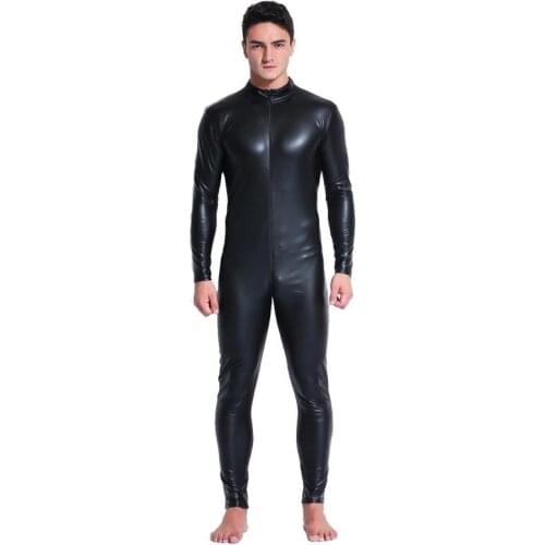 Men Sexy Wetlook Faux Leather latex catsuit men Bodysuit Lingerie zentai gay fetish Wear costume Open Crotch Clubwear