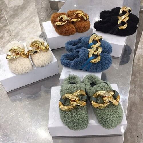 New Style Gold Chain Closed Toe Slippers Women Lmitation Wool Thick Sole Mules Woman Round Toe Low Heels Mules for Women
