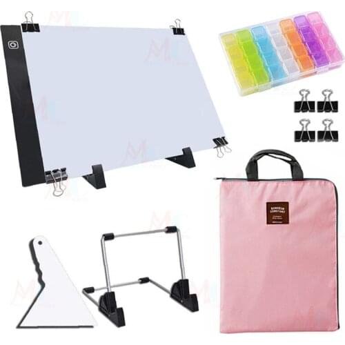 3-Level Dimming A4 LED Light Pad Kit 5D Diamond Painting Drawing Board,28 Grids Storage Box with Adjustable Stand and Handbag