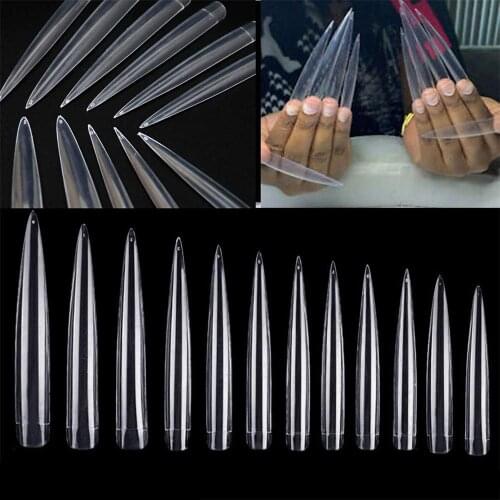 24pcs Stiletto False Nail Clear Extra Long Sharp Nail Art Tips 12 Sizes Acrylic Fake Nail