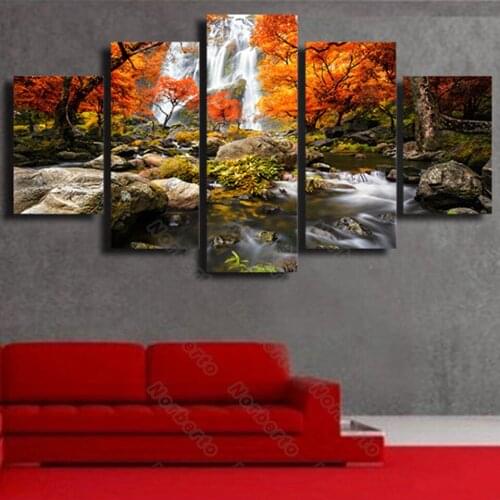 Autumn Natual Landscape Canvas Painting Wall Poster Red Maple Leaves Waterfalls Trickles and Stone for Home Rooms Wall Decoratio