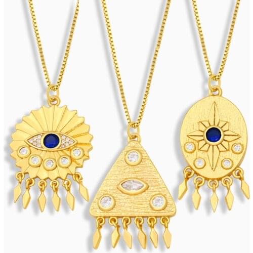 FLOLA Gold Chain Evil Eye Necklace For Women Triangle Tassel Stone Pendant Necklace Cubic Zirconia Turkish Jewelry Gifts nkev11