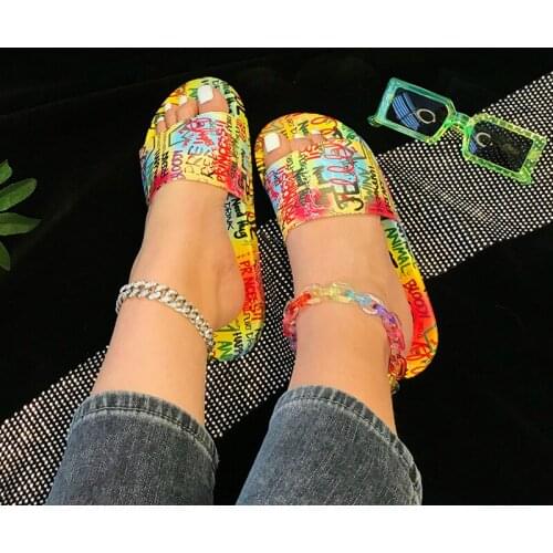 Women Sandals Open Toe Summer Shoes Designer Slippers Graffiti Low Heels Female Walking Sandals