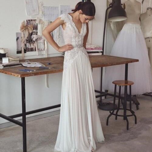 Vestido de Noiva V Neck Ivory Boho Wedding Dress with Lace Beads 2020 Bridal Gown Robe De Mariee