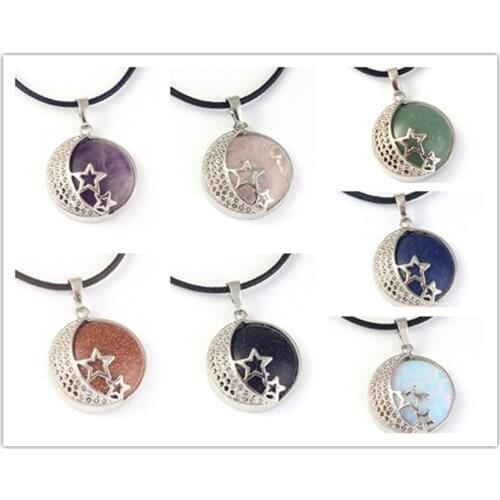 Trendy-beads Silver Plated Many Color Round Quartz Stone Inlay Star Crescent Moon Pendant For Meditation Jewelry