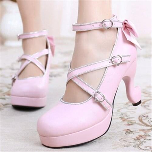 High Heels 9cm Platform Cross Buckles Tea Party Prom Lolita Shoes Table Feet Heel Round Toe Bow Japanese Kawaii Anime Cosplay 40
