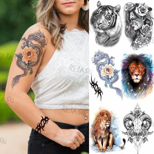 Unique Dragon Totem Temporary Tattoos For Women Men Adult Fake Tiger Lion Deer Robber Tattoo Sticker Sexy Arm Chest Tatoos Paste