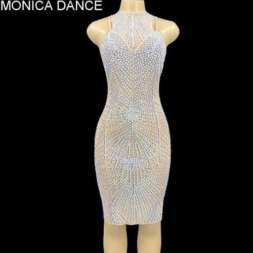Women Sexy Stage Transparent Rhinestones Crystals Chain Mini Dress Dance Wear Mesh Dance Performance Evening Stretch Costume