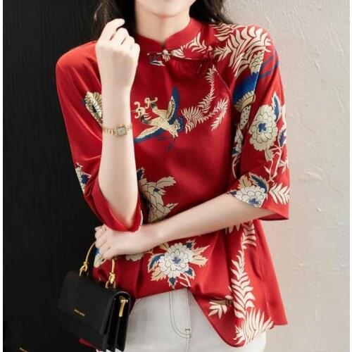 Chinese wind cheongsam collar chiffon shirt women 2020 summer new printed shirt Chinese retro button niche top