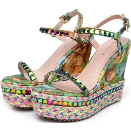 2019 Summer New Fashion Rhinestone High Heel Open Toe Sandals Casual Bohemian Wedge Elegant Shoes For Ladies High Quality