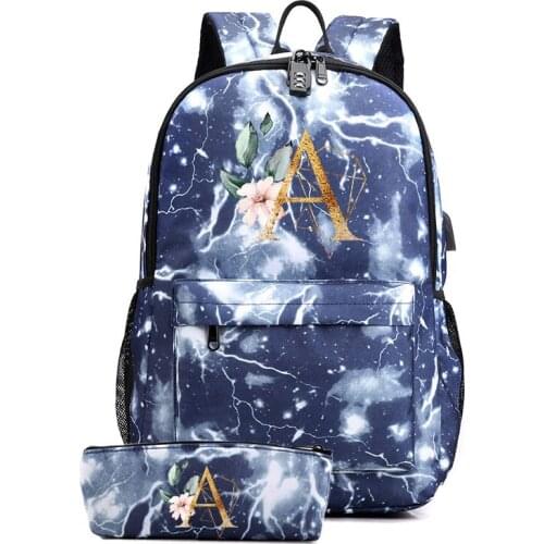 26 English Letters USB Backpack Your Name Teenager School Bag Women USB Travel Rucksack Large Mochila Escolar School 2 Pcs Set