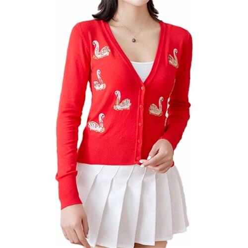 Makuluya Spring Autumn Summer Winter Women Sequins Swan Embroidery Sequin Knit Cardigan Sweaters Female Vintage Coat L6