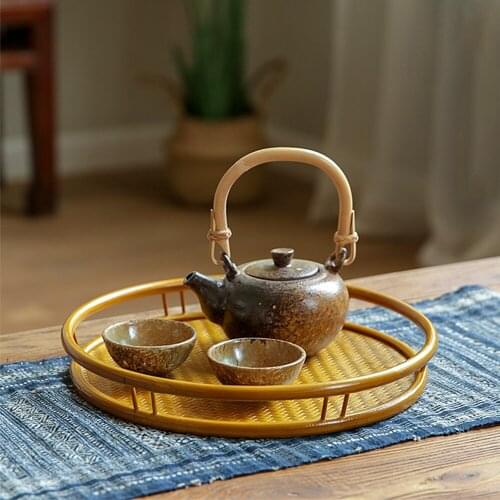 Japanese Style Delicate Bamboo Weave Tea Tray Round Rectangle Square Natural Material Serving Board For Home Hotel Teahouse