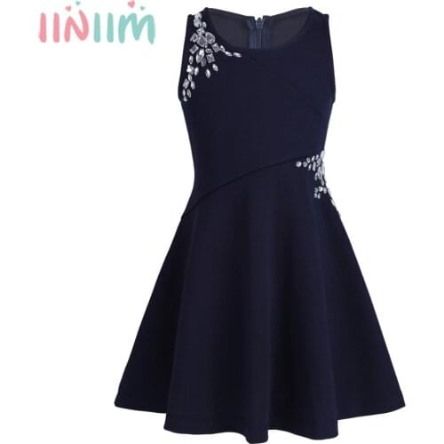 Iiniim Elegant Tutu Girls Sleeveless Dazzling Rhinestones Embellished Dress for Party Casual Summer Holiday Party Dresses