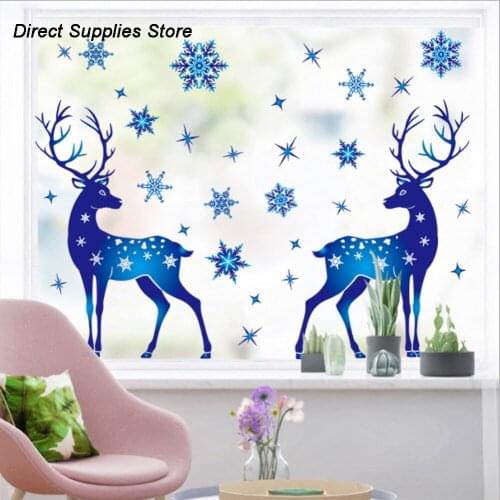 2022 New Year Christmas Decorations Snowflake Glass Window Decoration Sticker Blue Snowflake Elk Electrostatic Sticker