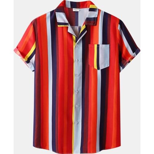 2021 Men Vintage Striped Shirt Turn-down Collar Streetwear Casual Short Sleeve Button Camisa Hombre Oversized Tops Camisas