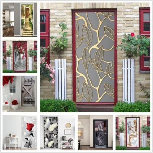 Gold Leaf Door Sticker PVC DIY Self-adhesive Waterproof Wallpaper Wall Art Decals Home Design Room Decoration Poster deursticker