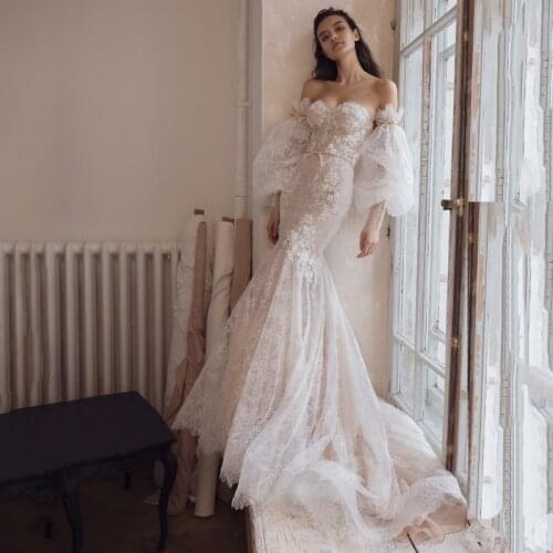 New Arrival Mermaid Lace Bridal Wedding Dresses Champagne Sweetheart Off Shoulder Long Sleeves Wedding Gown for Bride Bow Belt