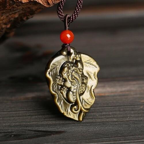 PIYAO Golden Obsidian Necklace Pendant Foo Dog Jewelry Pendant Mens Jewelry Talisman Charm Jewelry