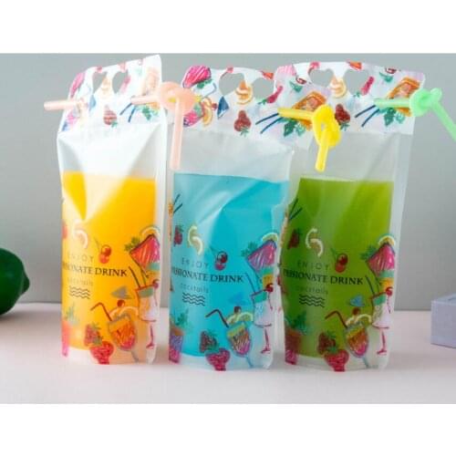 2000pcs 500ml Fruit pattern Plastic Drink Packaging Bag Pouch for Beverage Juice Milk Coffee, with Handle and Holes for Straw#47