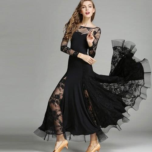 2018 New Ballroom Dance Dresses Lace Sleeve Flamenco Dancing Skirt 3 Color Women Cheap Stage Waltz Ballroom Dress MY04