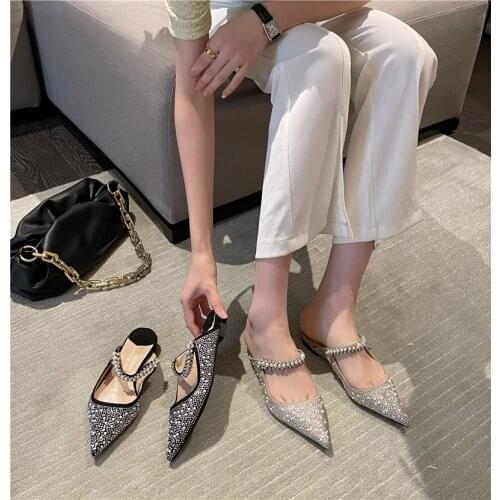 Rhinestone Women Slippers Pointed Toe Shallow Ladies Flats Hollow Beige/Black Summer Casual Flats Slippers Mules Shoes Woman 39