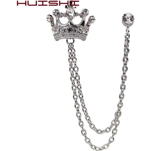 HUISHI Brooch Vintage Crystal Crown Chain Pin For Men Jewelry Suits Accessories Lapel Pin Collar Lapel Badge Brooch Wholesale