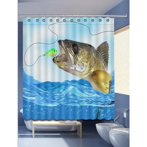 72'' Blue Sea Bubbles Land A Big Fish Cartoon Bathroom Waterproof Fabric Shower Curtain Polyester 12 Hooks Bath Accessory Sets