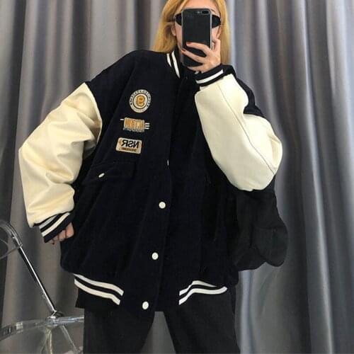 Womens Patchwork Embroidery Baseball Jackets Girl Casual College Jacket Oversized Varsity Bomber Jacket 2021 Autumn Trench