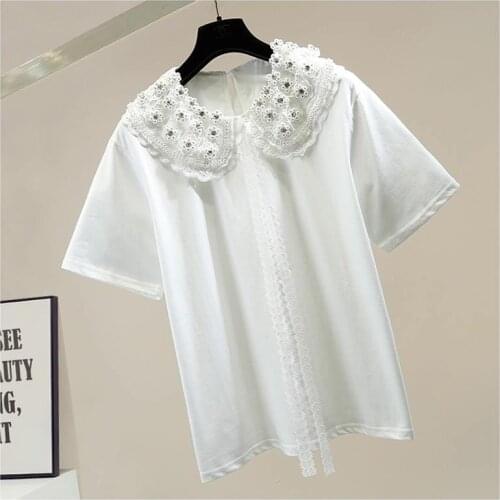 Womens Top Beads Diamond Lace Stitching Sweet Double Doll Collar Ribbon Bowknot Loose All-Match Short Sleeve T-shirt Tees
