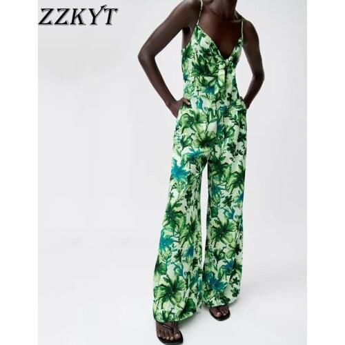 ZZKYT 2021 Women Summer Fashion Floral Print Fly Side Pocket Playsuits Vintage V-Neck Sleeveless Backless Female Sling Jumpsuits