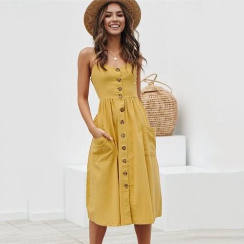 Vintage Casual Sundress Female Beach Dress Midi Button Backless Polka Dot Striped Women Dress Summer 2020 Boho Sexy Floral Dress