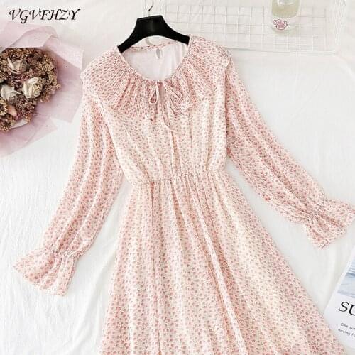 Vintage slim 2020 floral print dress Chiffon long summer Party tie high waist dress Women elegant Long sleeve doll collar a-line