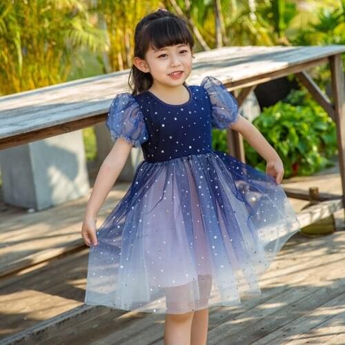 2021 Summer Round Neck Girls Dresses Mesh Clothing For Kids New Style Puff Sleeve Princess Dresses 3 5 7 9 Years
