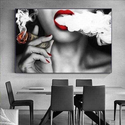 Abstract Black and White Woman Smoking Cigar Poster on Canvas and Print Picture Wall Art Cuadros Home Room Decoration Painting