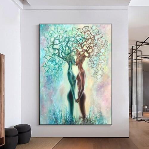 Abstract Naked Man Woman Tree Canvas Painting Kiss Lover Poster and Prints Wall Art Pictures for Living Room Hotel Home Decor