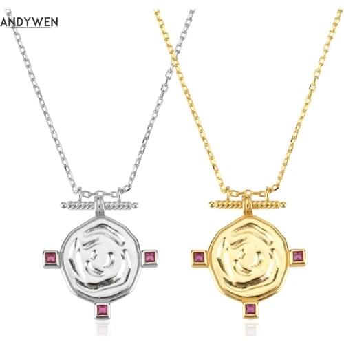 ANDYWEN 925 Sterling Silver Long Chain Luxury Collar Gold Garnet Medal Necklace Choker Crystal Red 2021 Women Wedding Jewelry
