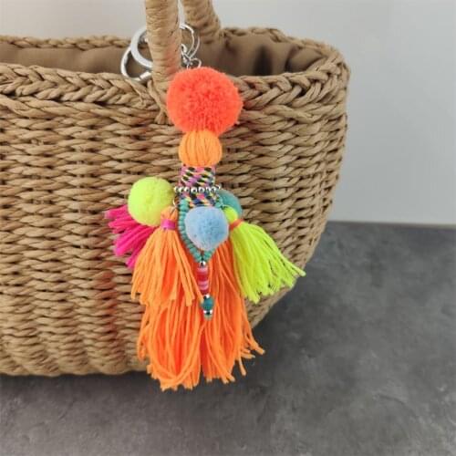 Handmade orange Pom Pom Tassel Keychain Bag Hanging Gradient Colors Key Chain Key Holder Boho Jewelry Gift For Women