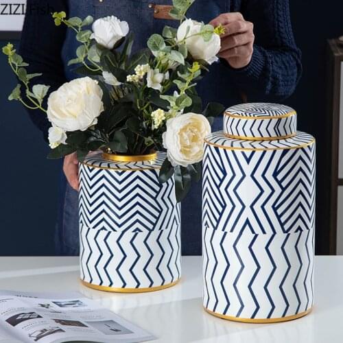 European Ceramic Vases Candy Jars with Lid Geometric Texture Storage Jar Porcelain Tea Caddy Flowers Vase Nordic Home Decor