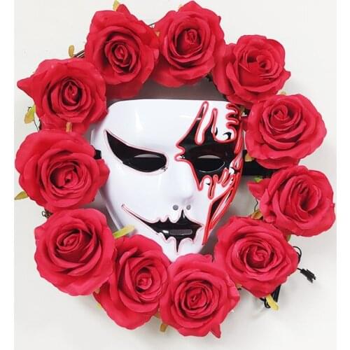 Artificial Rose Wreath Luminous Phantom Mask Flowers Garland For Halloween Home Decoration Door Decor