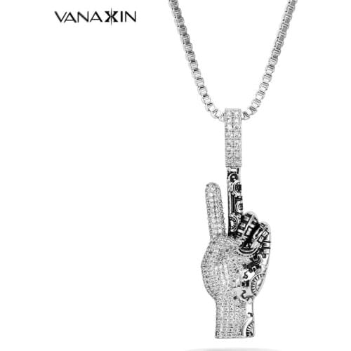VANAXIN Victory Finger Pendants&Necklaces For Men Women AAA Iced Out CZ Stone Pendant Vintage Retro Fashion New Arrival Jewelry