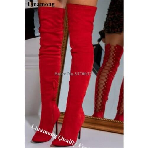 Linamong Ladies Pointed Toe Suede Leather Over Knee Back Open Gladiator Boots Red Black Lace-up Long High Heel Boots Club Boots