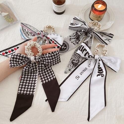 Fashion Letter Print Bow Satin Girls Pearl Elastic Hair Bands Long Ribbon Ponytail Scarf Women Scrunchies Hair Accessories