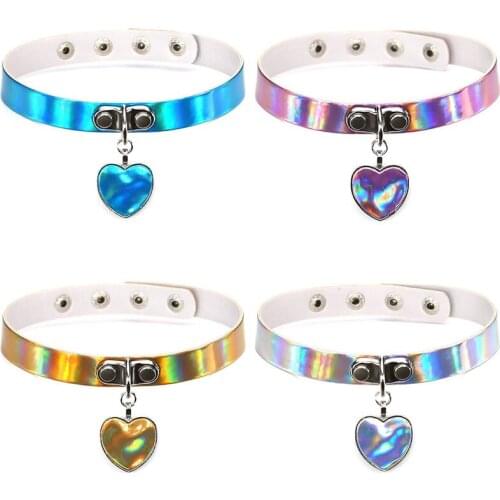 Fashion Harajuku Soft Girl Laser Leather Collar Choker Gothic Heart Pendant Lady Clavicle Necklace Birthday Party Charm Gift