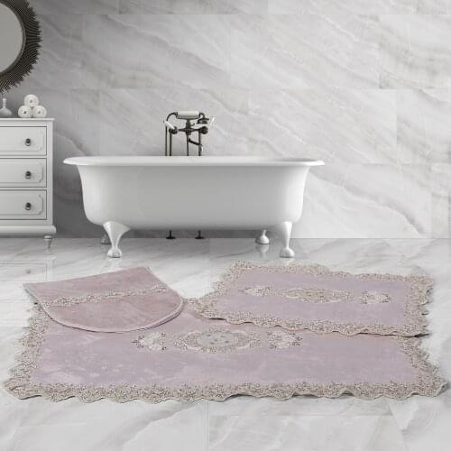 Bonny Home Lisa Rectangle Pink 3 Pieces French Lacy Plush Bath Mat Non Slip Leather Based Machine Washable Rug Set