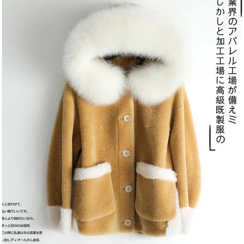 Real Sheep Shearling Coat Female Winter Jacket Women Fox Fur Collar 100% Wool Coats Chaqueta Mujer MY4071