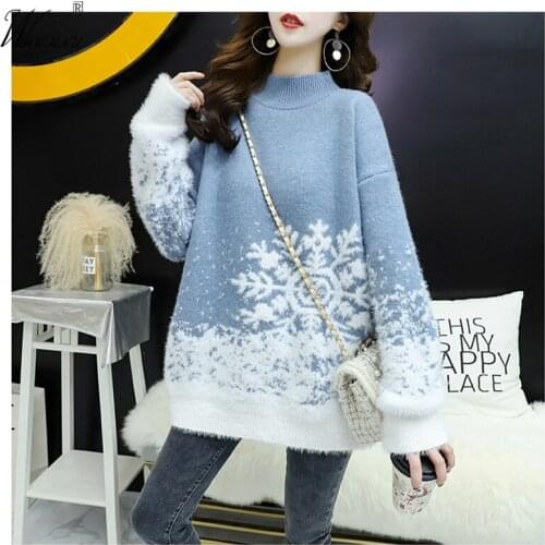 Christmas snowflake O-Neck Pullovers Warm knit long sleeve tops for women Autumn and winter Loose Red knitted sweater female