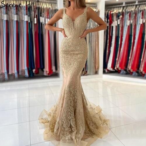 Serene Hill Gold Mermaid Luxury Evening Dressese Gowns 2021 Lace Beaded Elegant For Women Party DLA71348