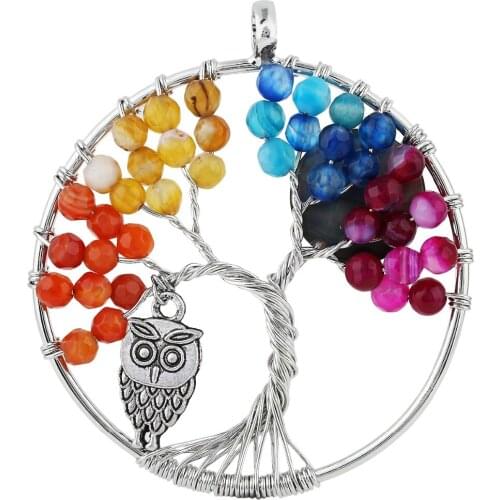 SUNYIK Colorful Stone Tree of Life Owl Full Moon Abalone Shell Pendant Handmade Jewelry