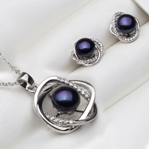 Wedding Jewelry Sets Fashion Natural Freshwater Black Pearl Pendant Necklaces Women Stud Earrings Elegant 925 Silver Set